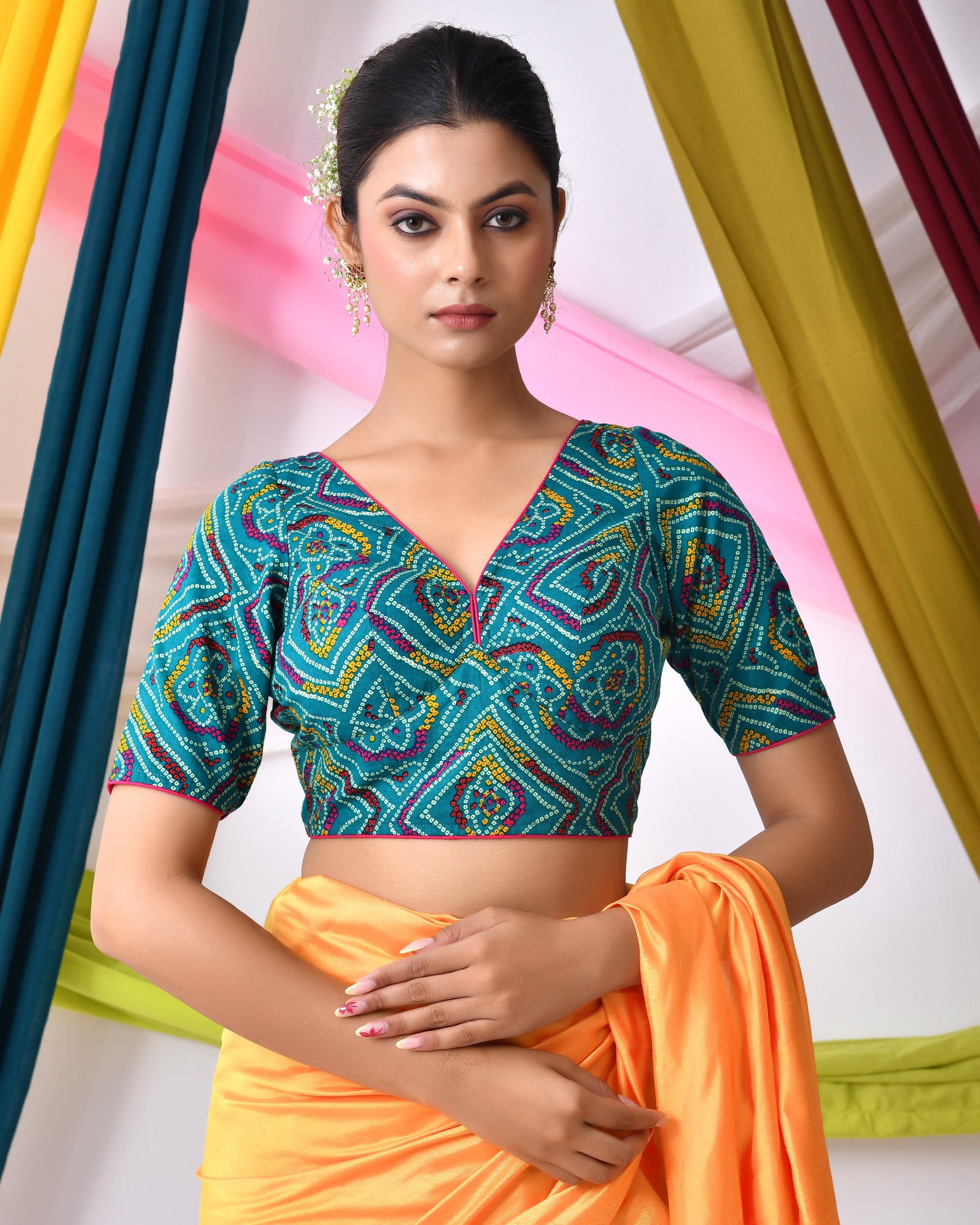 Green Bandhej Printed Cotton Padded Blouse